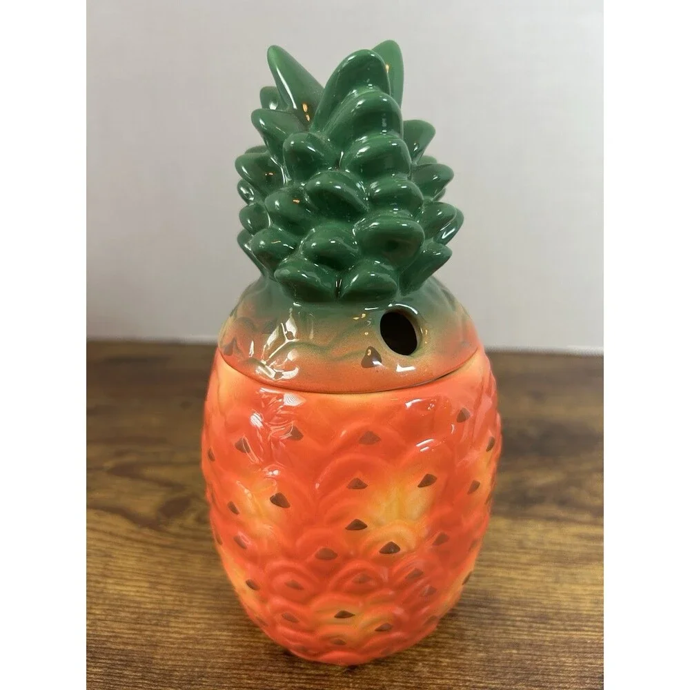 Vintage Ceramic Pineapple Sugar Bowl Jam Pot Canister w Lid Spoon Slot Decor